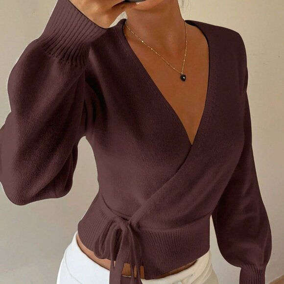 Chocolate Brown Casual Women's Wrap Tie Front Cardigan - Picture 5 of 7